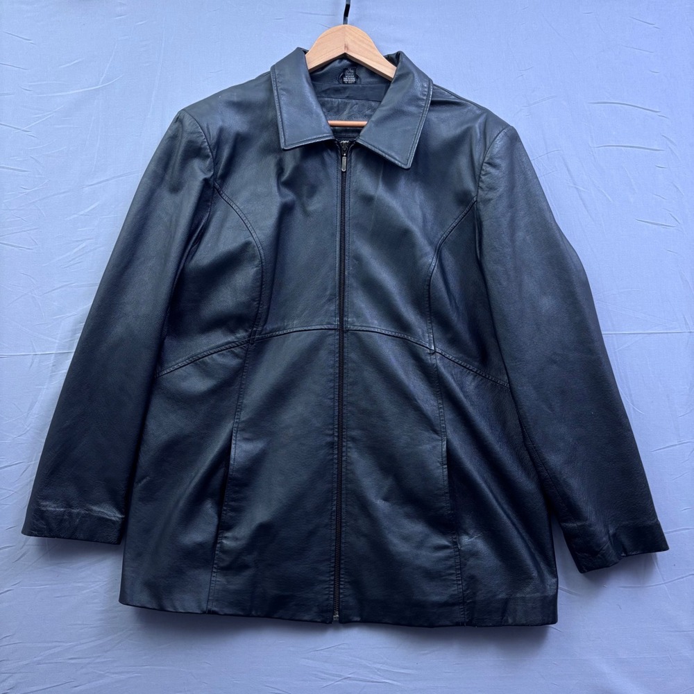 Genuine Leather Jacket Womens 1X Black Nappa Zip Front Collared Coat RN 93677